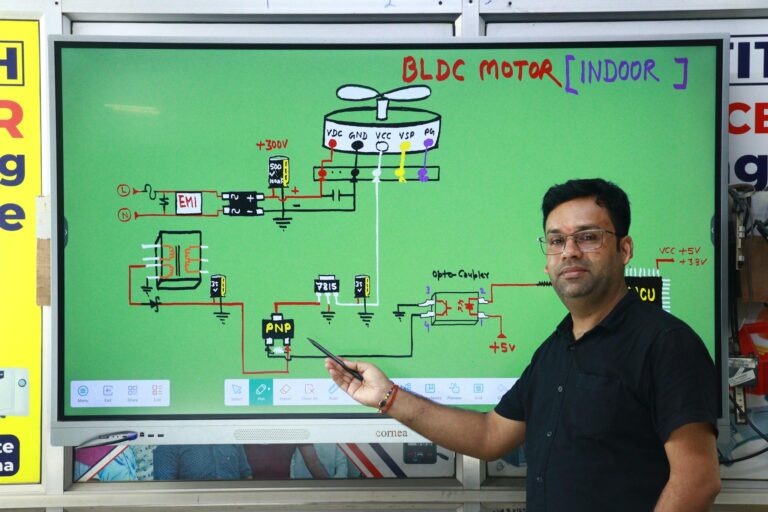 Instructor explaining BLDC motor circuit diagram on interactive board indoors.