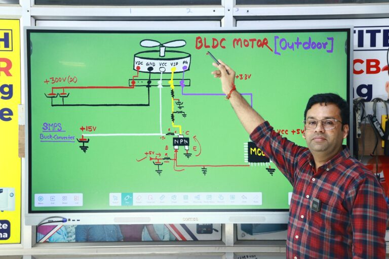 Instructor explains BLDC motor circuit diagram on digital screen in classroom setting.